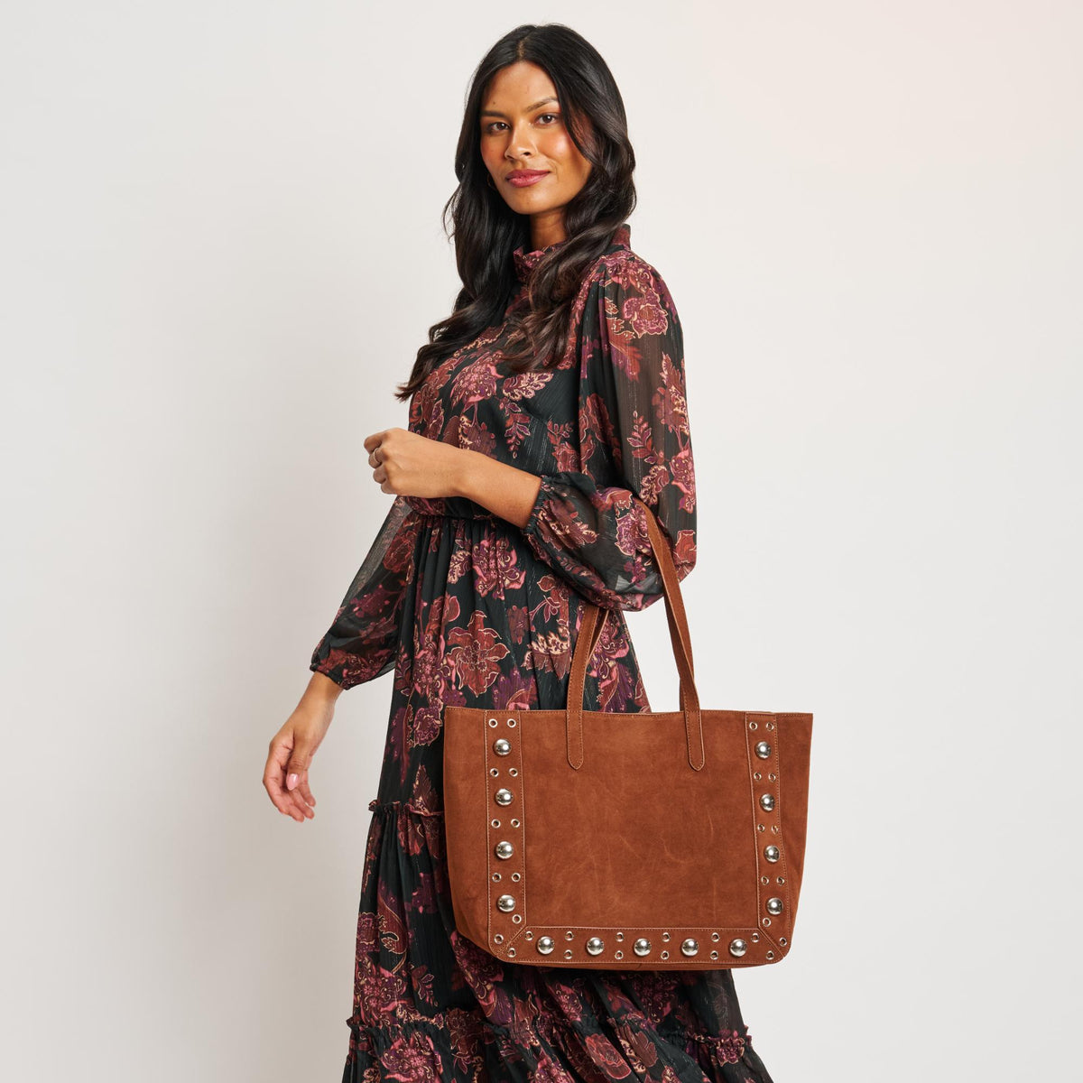 Woman wearing Cognac Moda Luxe Karli Tote 842017139911 View 2 | Cognac
