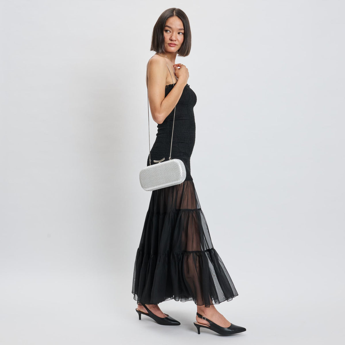 Woman wearing Silver Moda Luxe Victoria Evening Bag 842017139454 View 2 | Silver