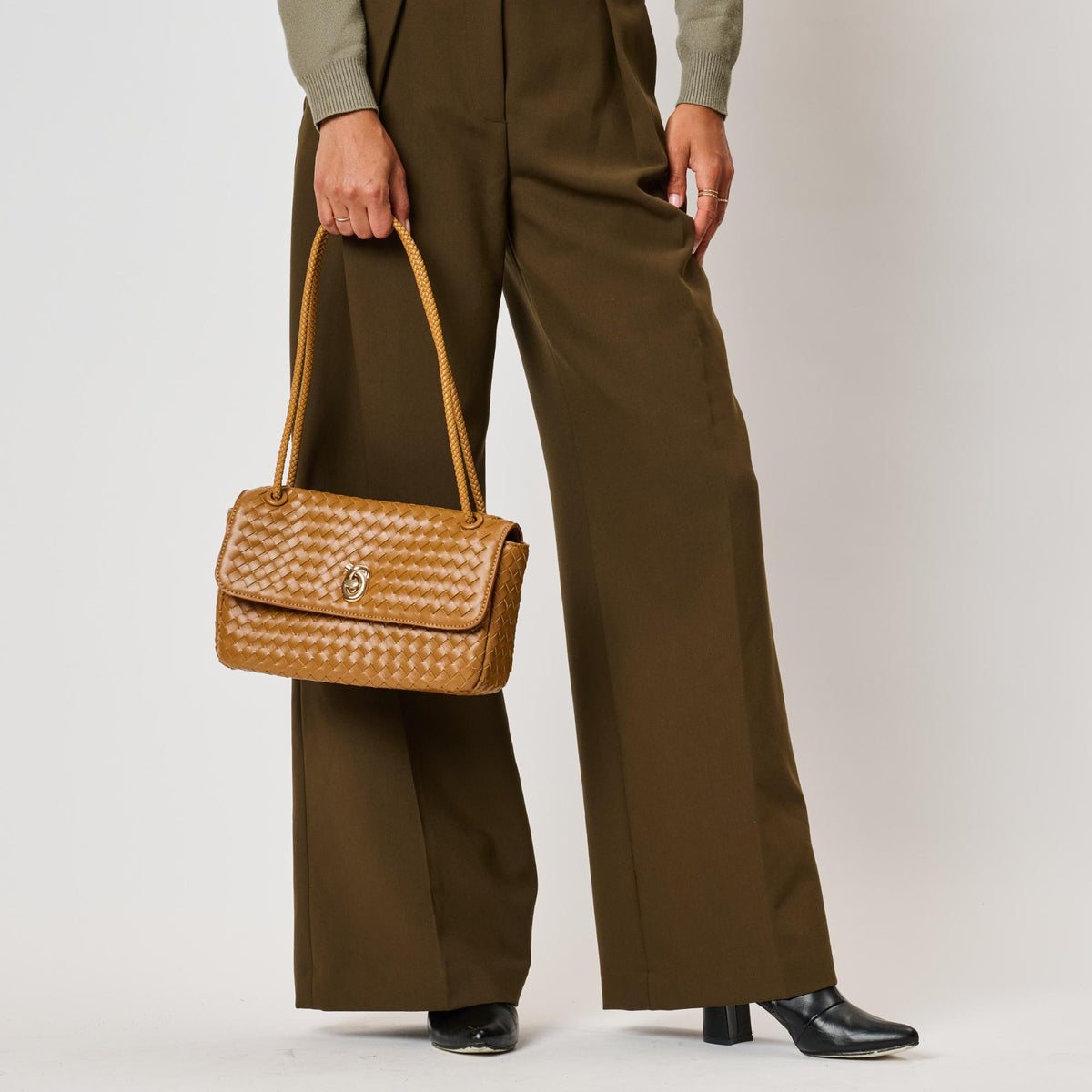 Woman wearing Camel Moda Luxe Annabelle Shoulder Bag 842017143369 View 3 | Camel