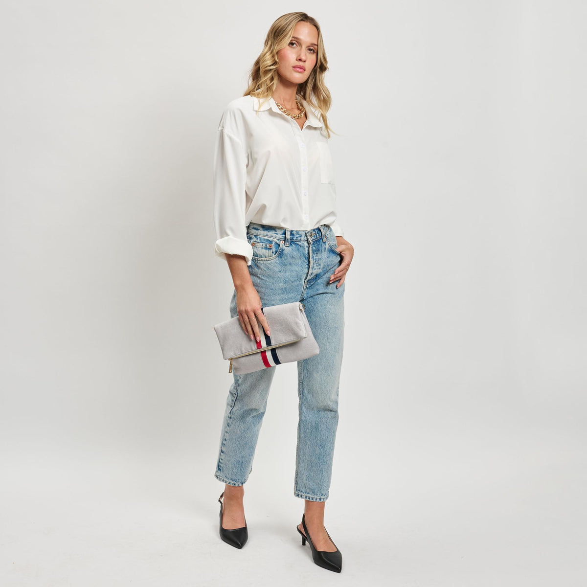 Woman wearing Dove Grey Moda Luxe Jules Clutch 842017120094 View 2 | Dove Grey