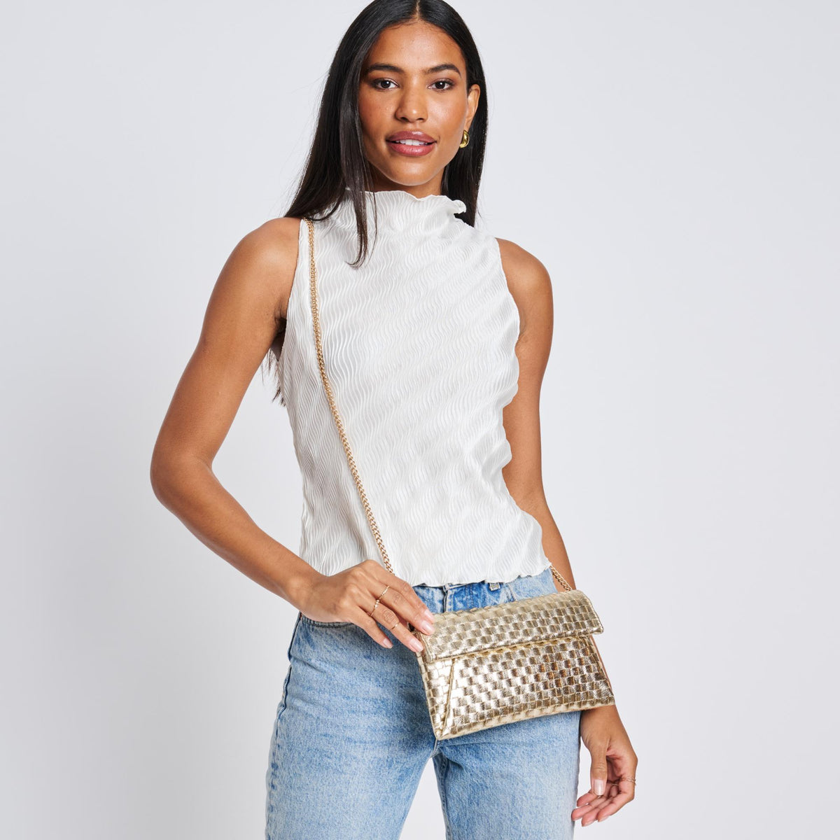Woman wearing Gold Moda Luxe Priscilla Clutch 842017136552 View 3 | Gold