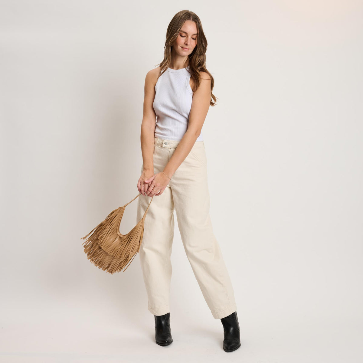 Woman wearing Natural Moda Luxe Stevie Hobo 842017141136 View 2 | Natural