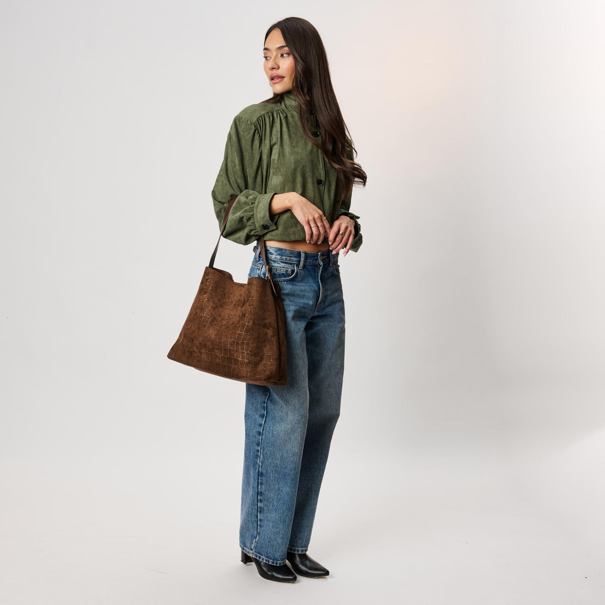 Woman wearing Chocolate Moda Luxe Neve Croco Tote 842017142430 View 4 | Chocolate