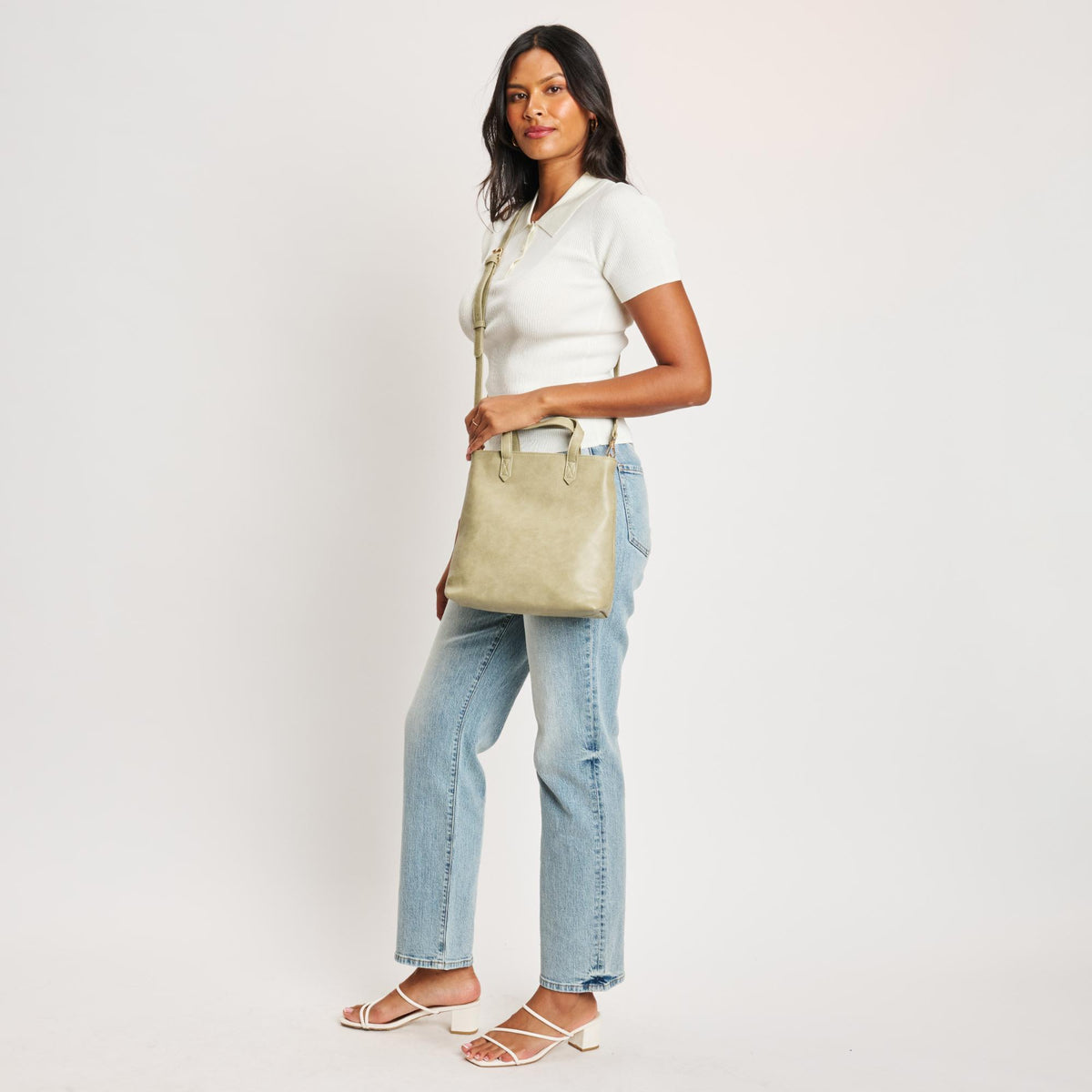 Woman wearing Sage Moda Luxe Selena Mini Tote 842017126836 View 3 | Sage