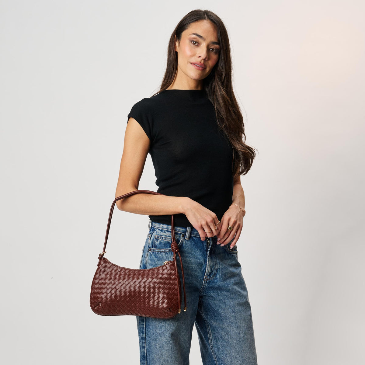 Woman wearing Chocolate Moda Luxe Cindy Shoulder Bag 842017142713 View 3 | Chocolate