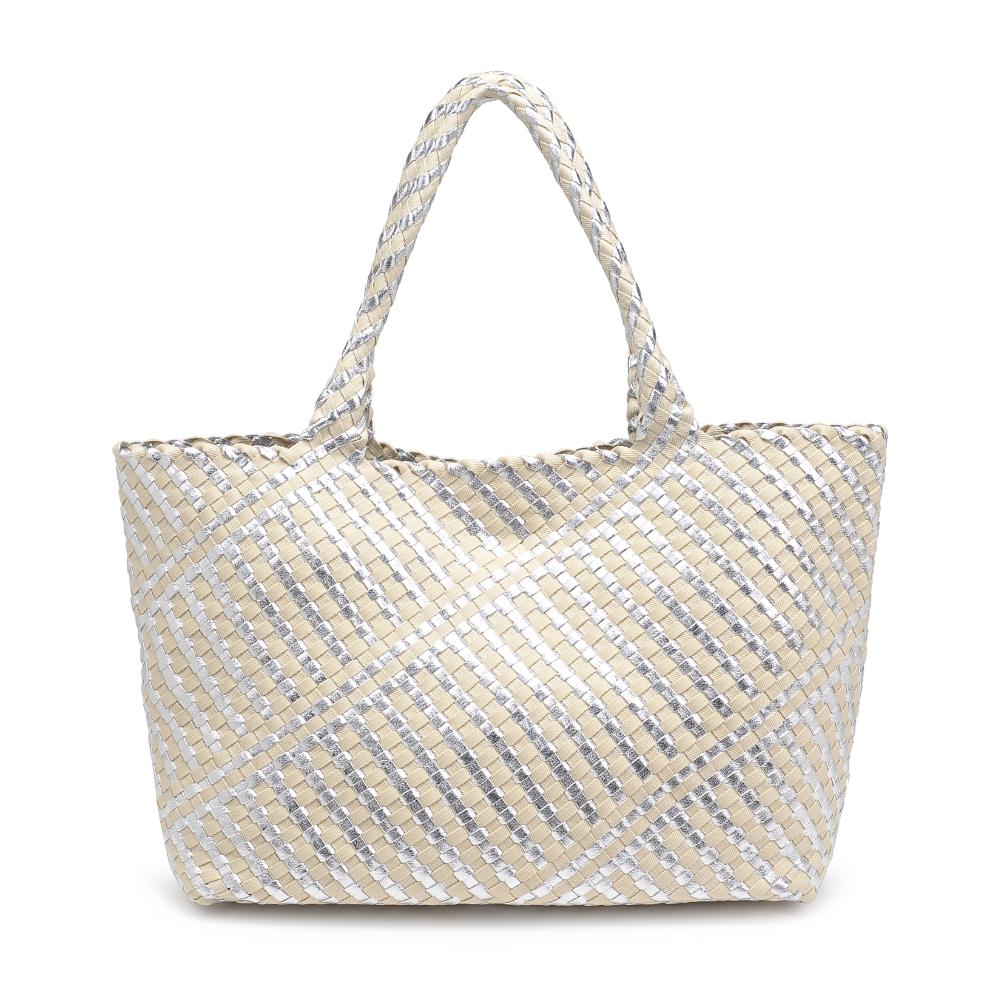 Woman wearing Silver Ivory Moda Luxe Solana - Mixed Material Tote 842017136866 View 7 | Silver Ivory