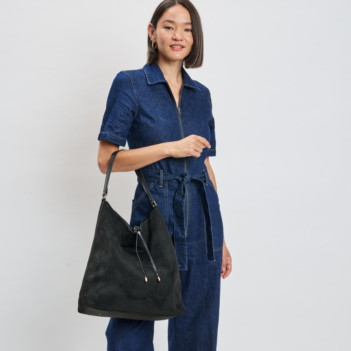 Woman wearing Black Moda Luxe Felicity Hobo 842017139355 View 3 | Black