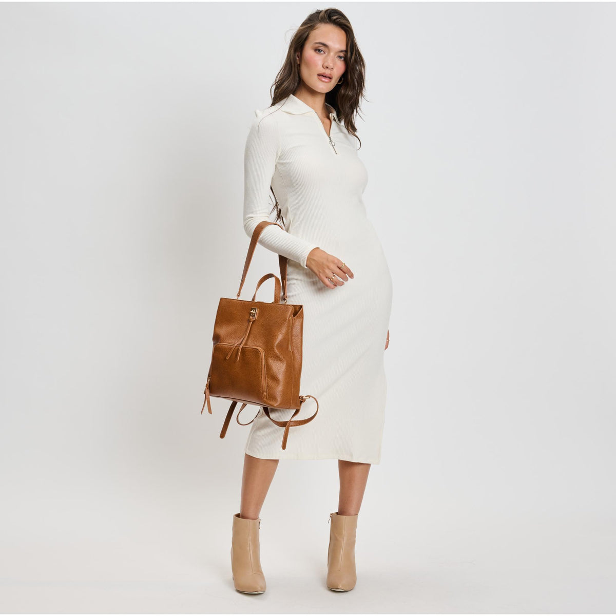 Woman wearing Cognac Moda Luxe Genevieve Backpack 842017136088 View 4 | Cognac