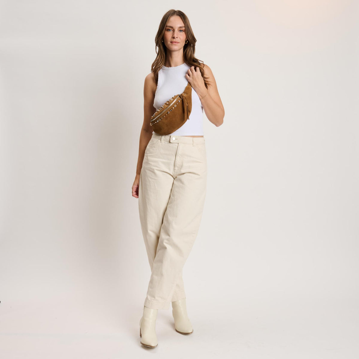 Woman wearing Cognac Moda Luxe Star Belt Bag 842017140597 View 2 | Cognac