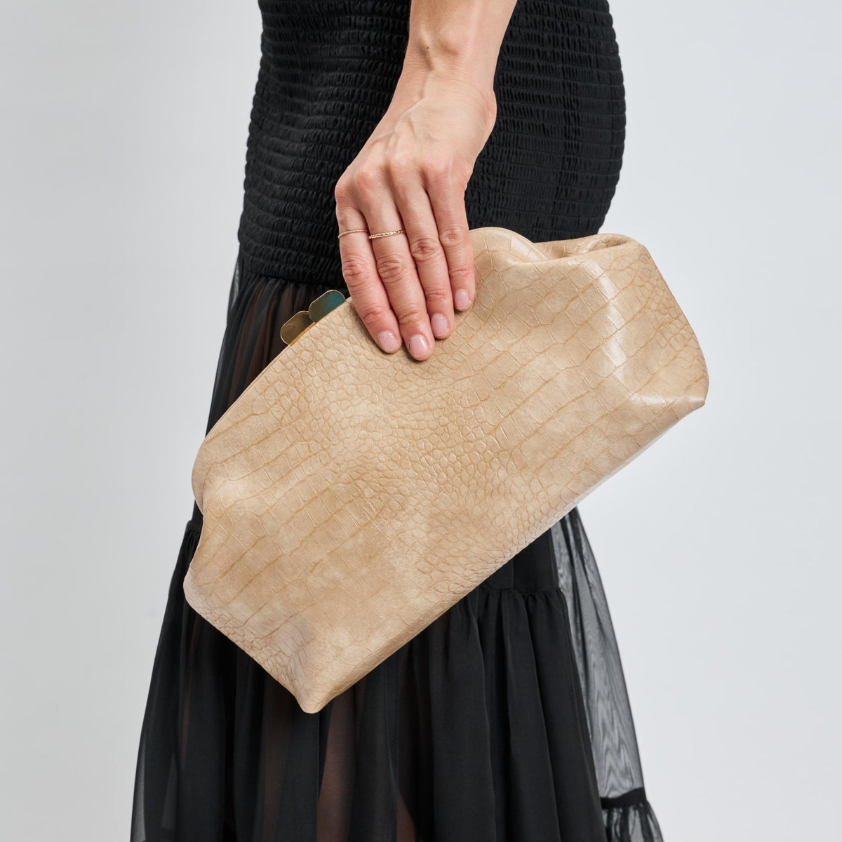 Woman wearing Natural Moda Luxe Camille Clutch 842017139171 View 4 | Natural