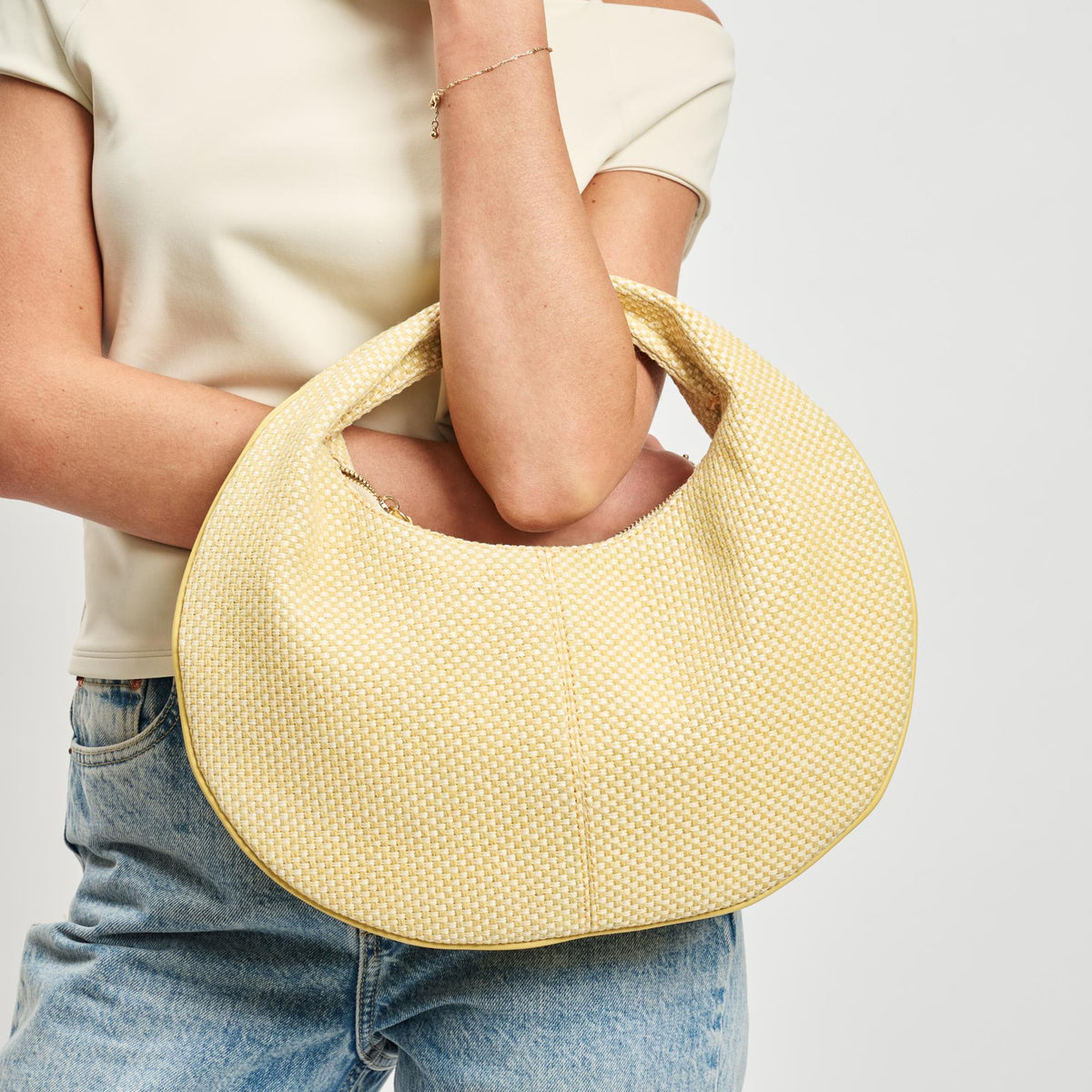 Woman wearing Yellow Moda Luxe Farrah - Straw Hobo 842017138686 View 1 | Yellow