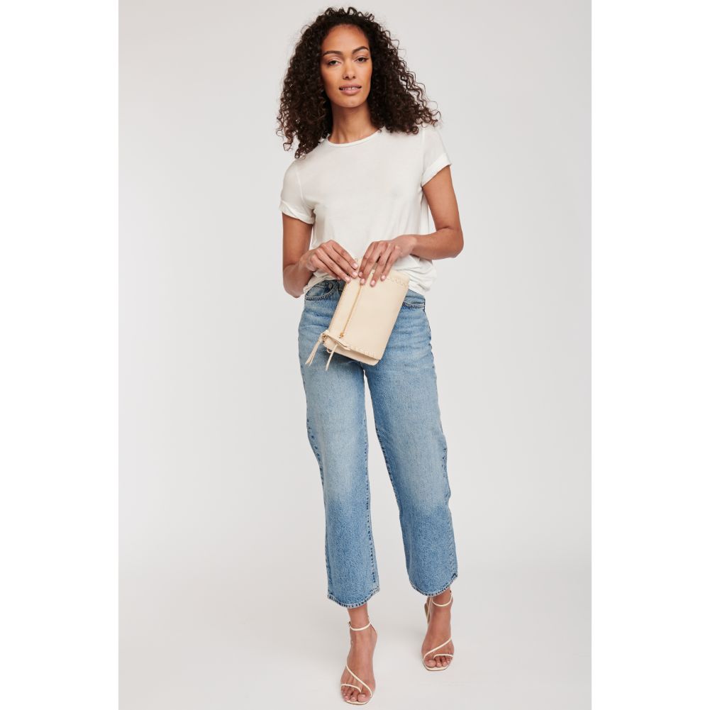 Woman wearing Oatmilk Moda Luxe Kenzie Crossbody 842017127321 View 3 | Oatmilk
