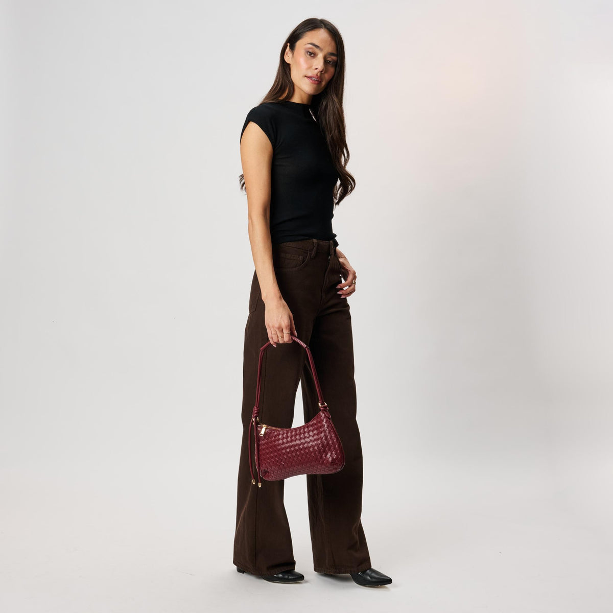 Woman wearing Burgundy Moda Luxe Cindy Shoulder Bag 842017142690 View 4 | Burgundy
