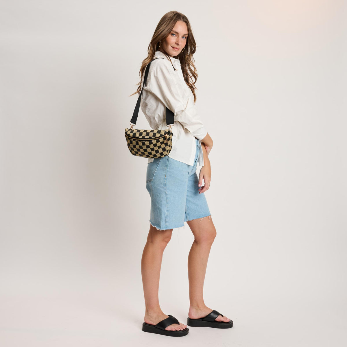 Woman wearing Black Natural Moda Luxe Gizelle - Large Checker Belt Bag 842017141044 View 3 | Black Natural