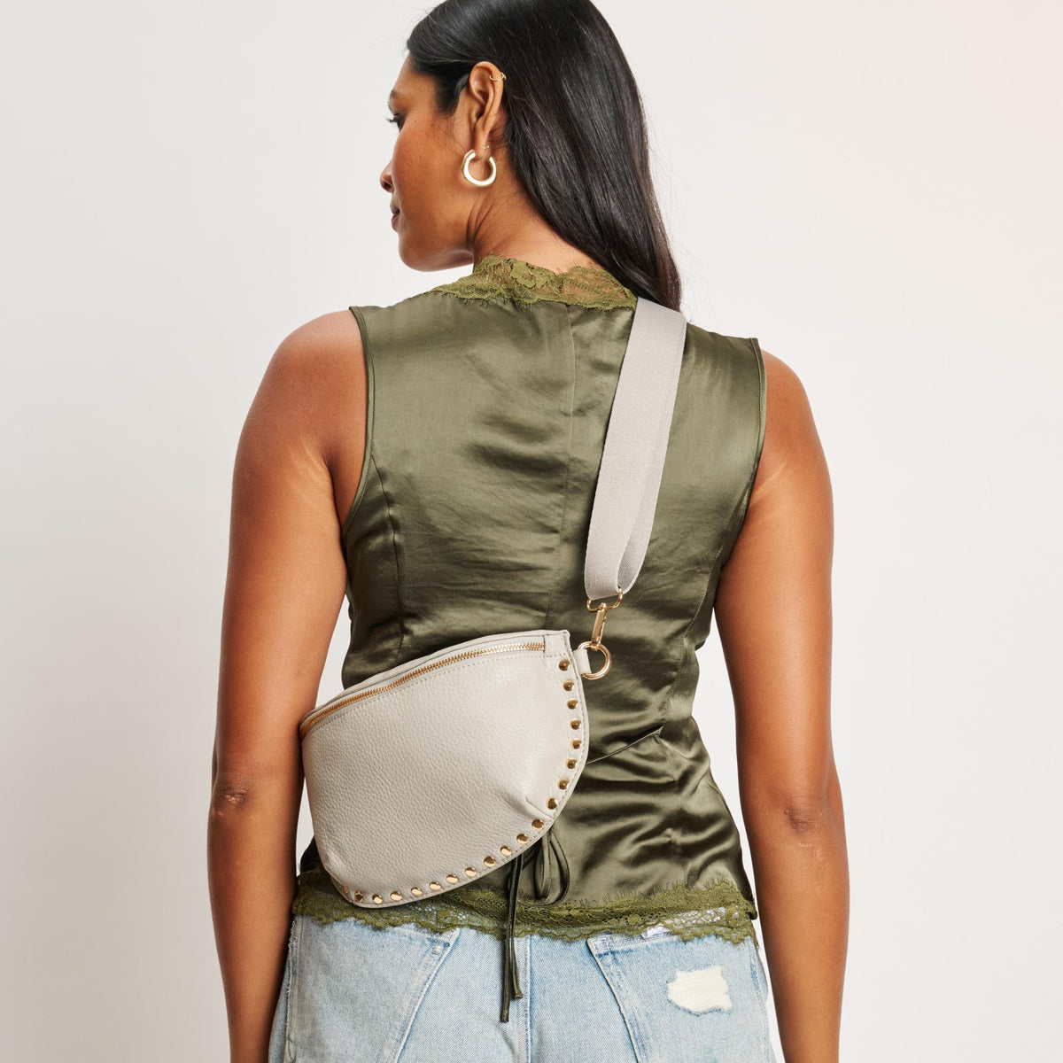 Woman wearing Stone Moda Luxe Gizelle Belt Bag 842017139669 View 1 | Stone