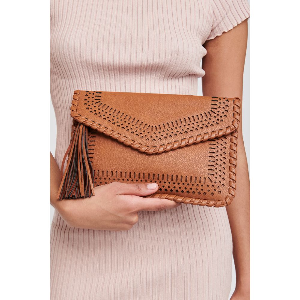 Woman wearing Tan Moda Luxe Daisy Clutch 842017118626 View 2 | Tan