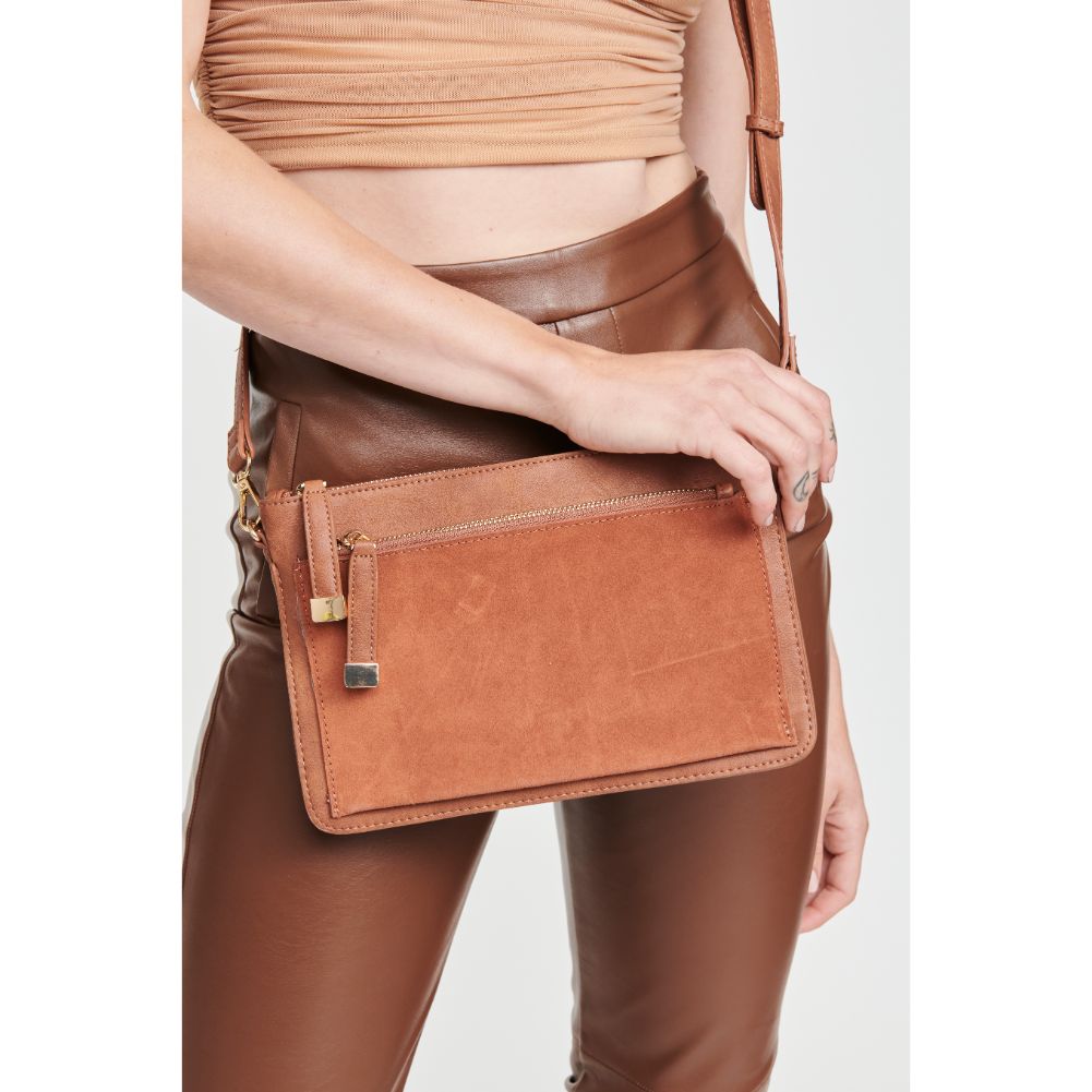 Woman wearing Cognac Moda Luxe Penny Crossbody 842017107668 View 2 | Cognac