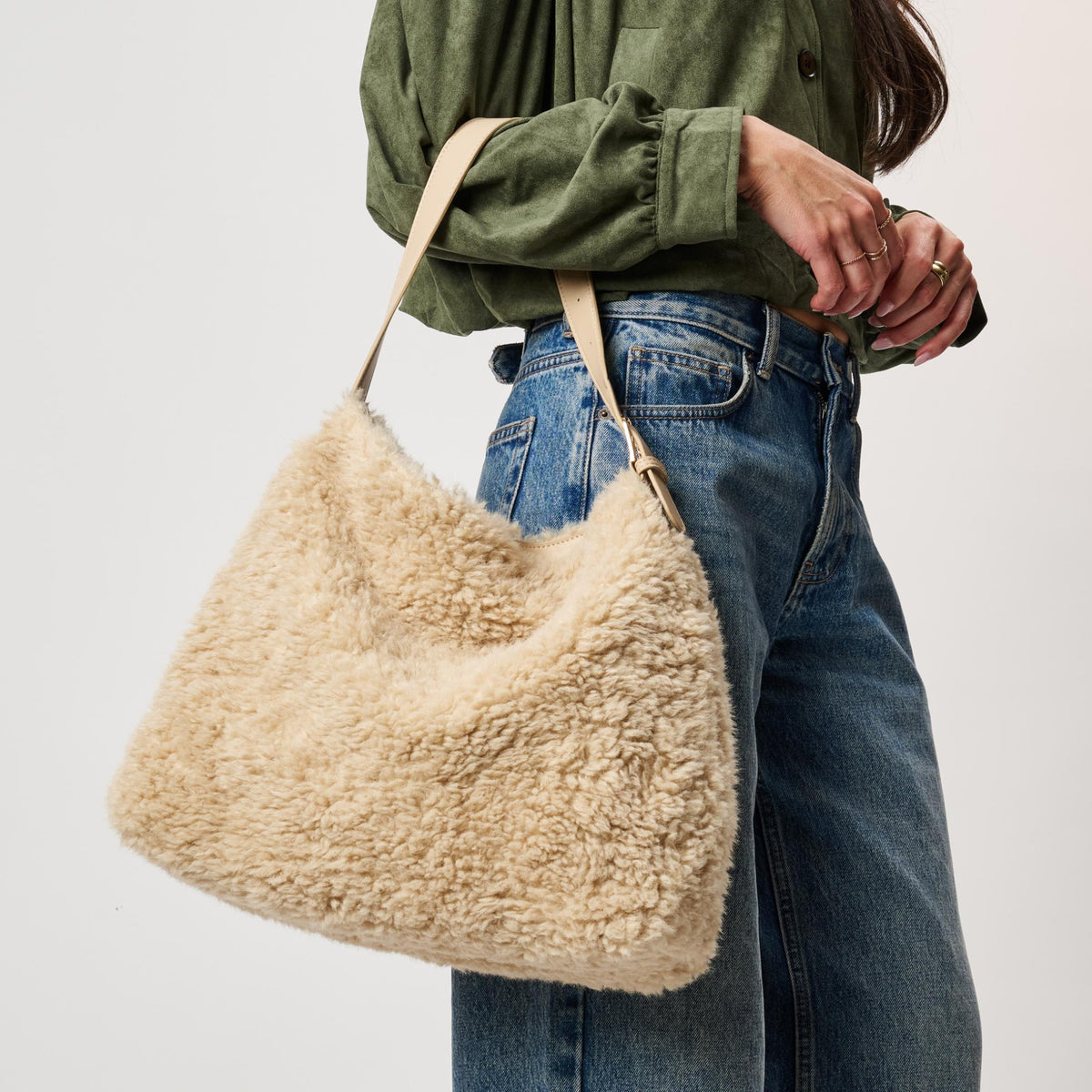 Woman wearing Cream Moda Luxe Neve Sherpa Tote 842017142454 View 2 | Cream