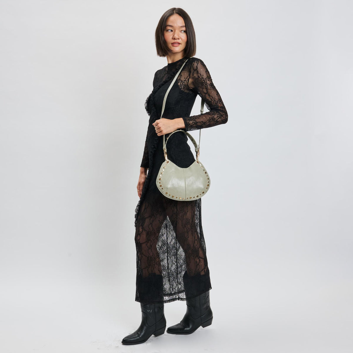 Woman wearing Sage Grey Moda Luxe Nova Crossbody 842017139652 View 3 | Sage Grey