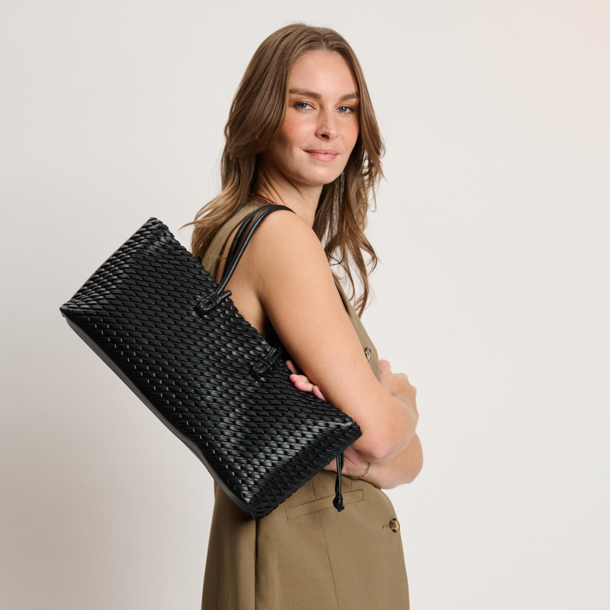 Woman wearing Black Moda Luxe Nola Tote 842017140856 View 2 | Black