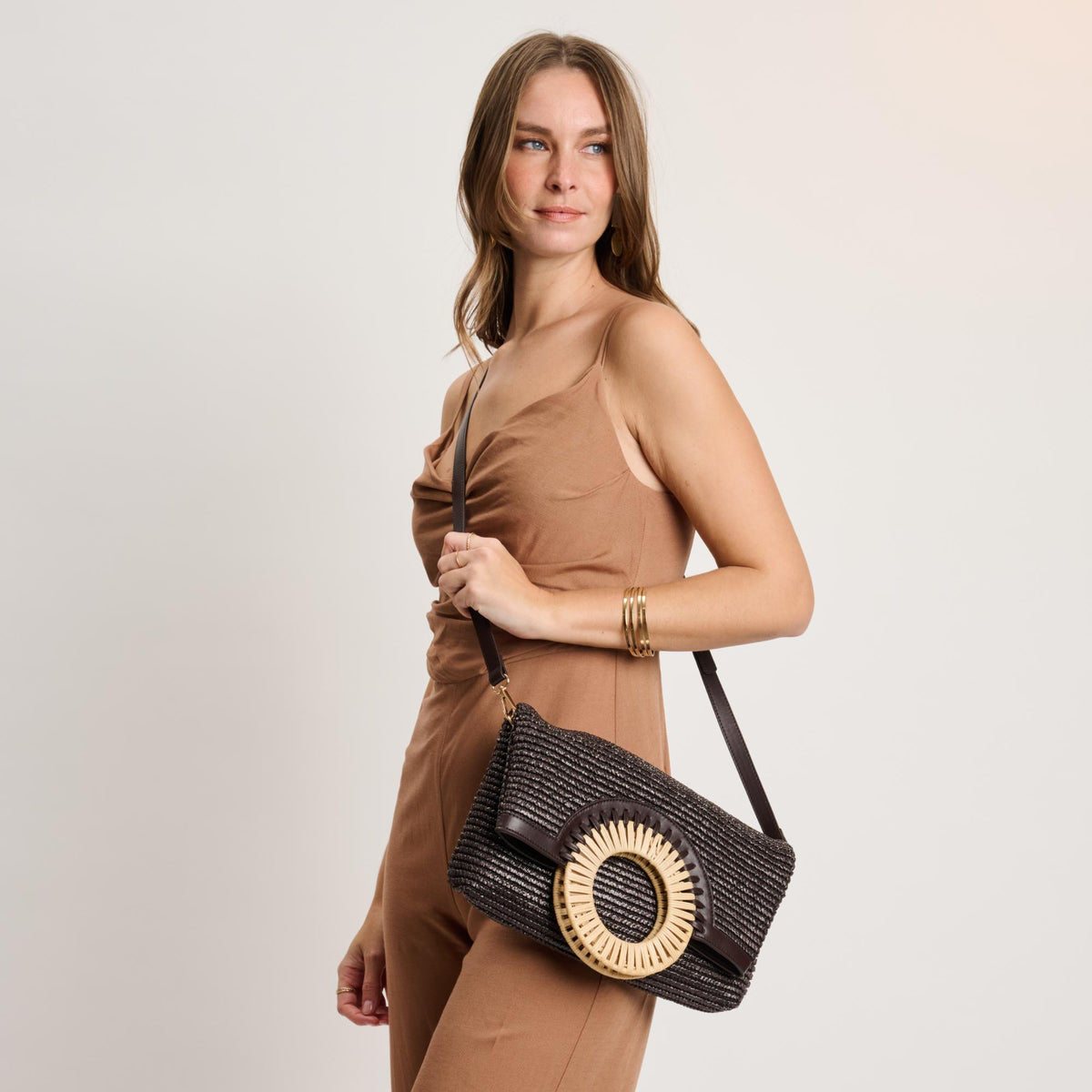 Woman wearing Chocolate Moda Luxe Tessa Crossbody 842017141198 View 3 | Chocolate