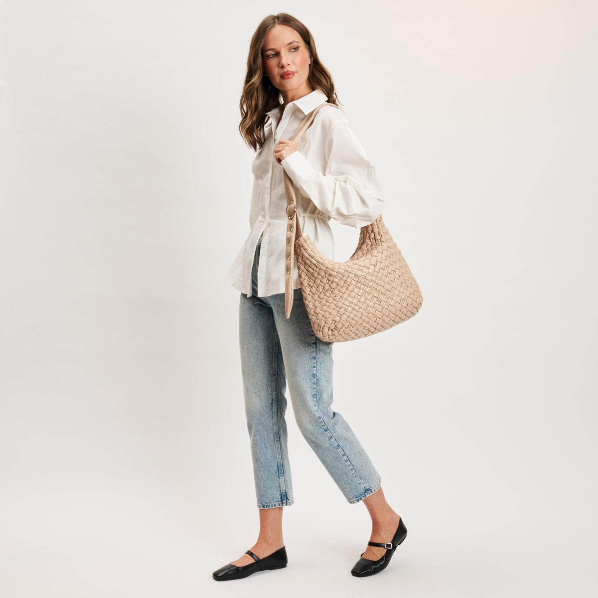 Woman wearing Natural Moda Luxe Classica Crossbody 842017135487 View 3 | Natural