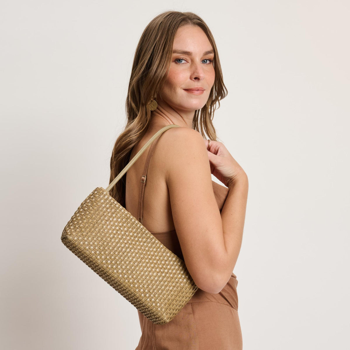 Woman wearing Taupe Moda Luxe Lucy Shoulder Bag 842017140368 View 4 | Taupe