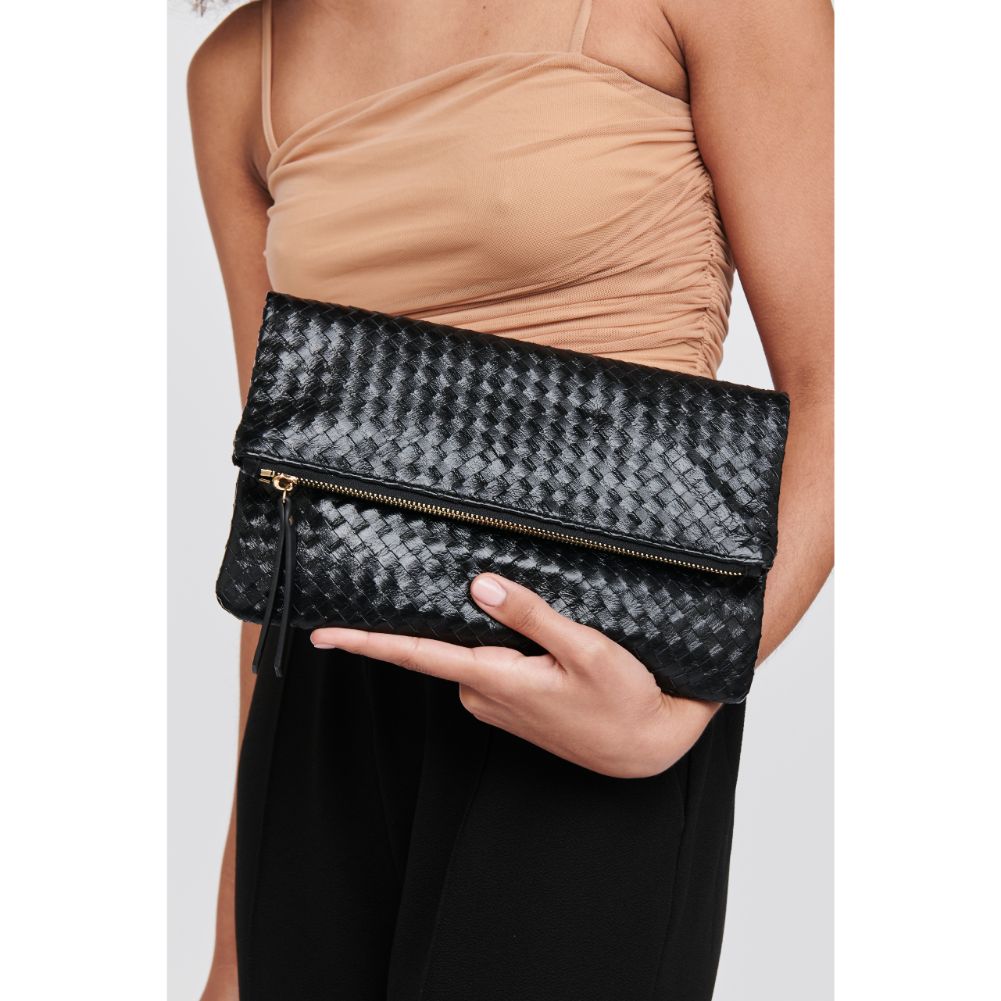 Woman wearing Black Moda Luxe Alicia Woven Clutch 842017118053 View 1 | Black