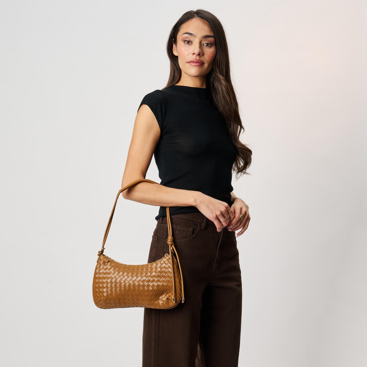 Woman wearing Camel Moda Luxe Cindy Shoulder Bag 842017142706 View 3 | Camel