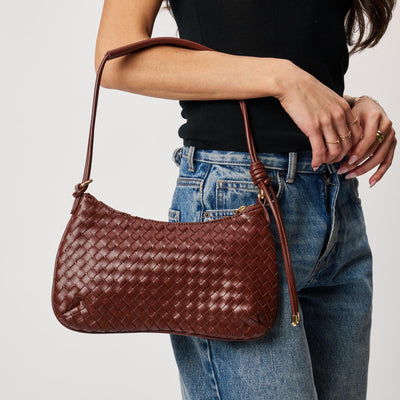 Woman wearing Chocolate Moda Luxe Cindy Shoulder Bag 842017142713 View 1 | Chocolate