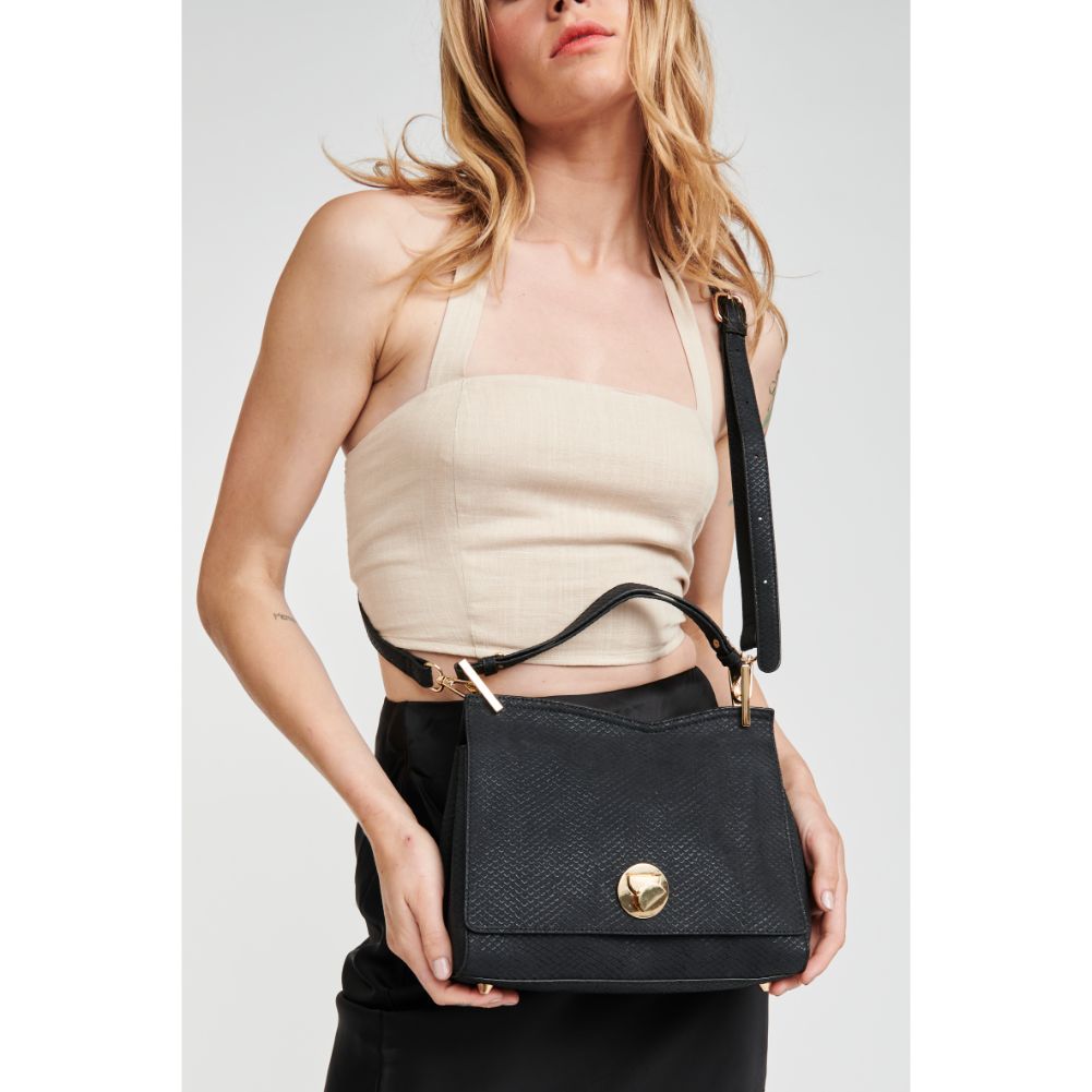 Woman wearing Black Moda Luxe Camila Snake Satchel 842017121626 View 2 | Black