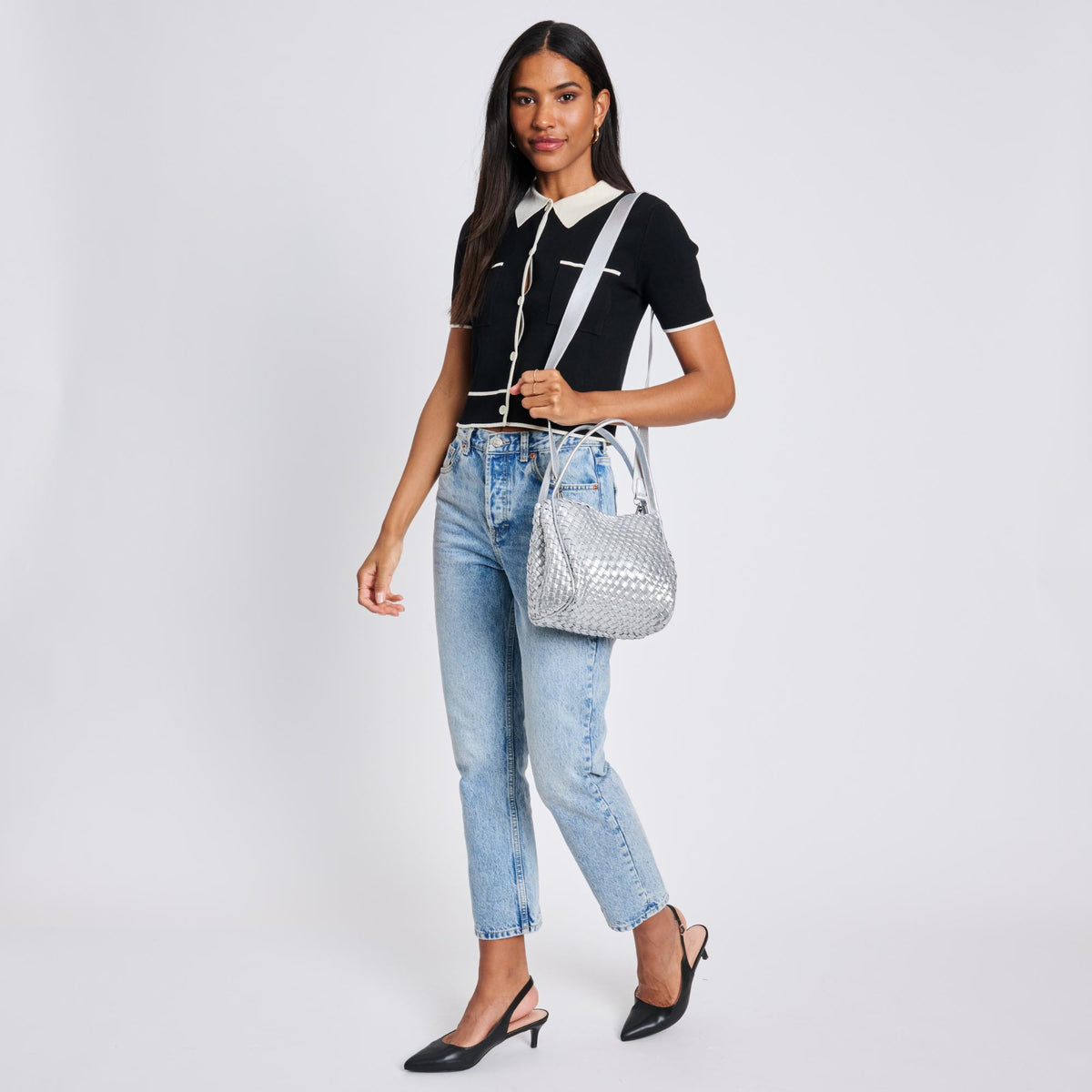 Woman wearing Silver Moda Luxe Roxy Crossbody 842017136293 View 3 | Silver