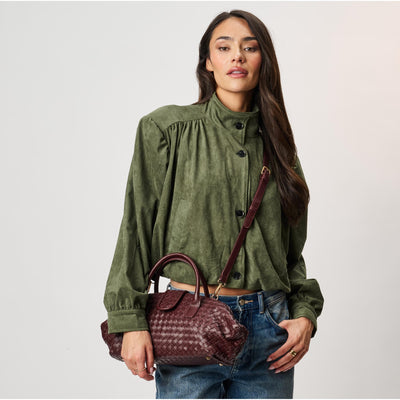 Woman wearing Burgundy Moda Luxe Brookhaven Satchel 842017142775 View 1 | Burgundy