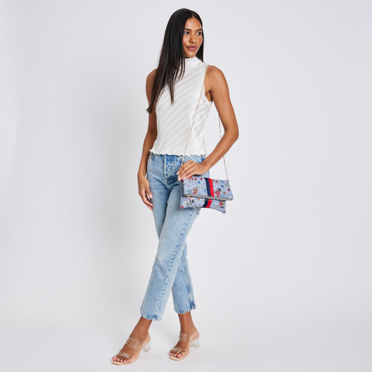 Woman wearing Blue Sol and Selene Jules Print Clutch 842017119432 View 4 | Blue