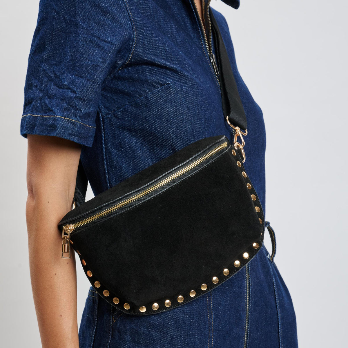 Woman wearing Black Moda Luxe Gizelle-Suede Belt Bag 842017139706 View 4 | Black