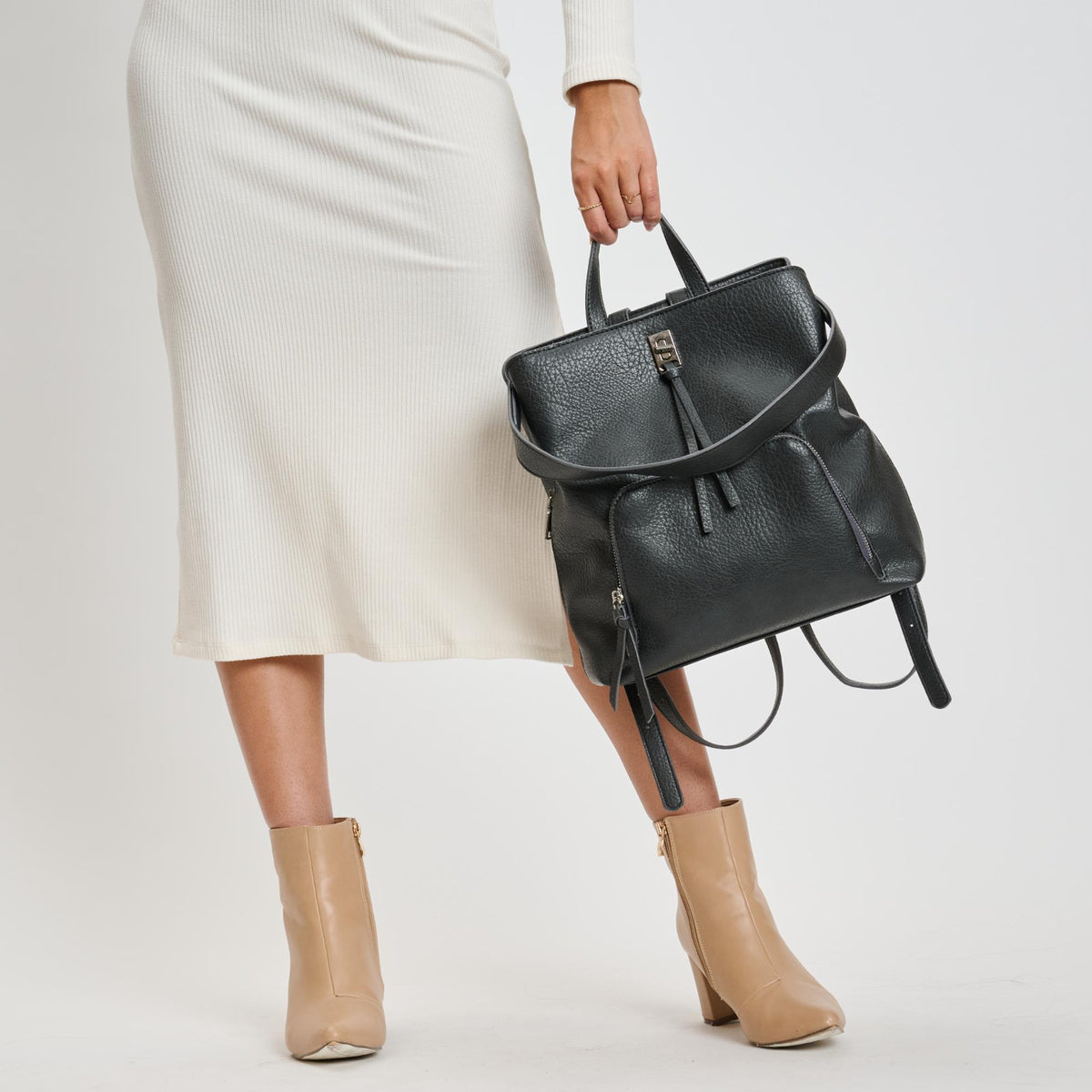Woman wearing Grey Moda Luxe Genevieve Backpack 842017136118 View 3 | Grey