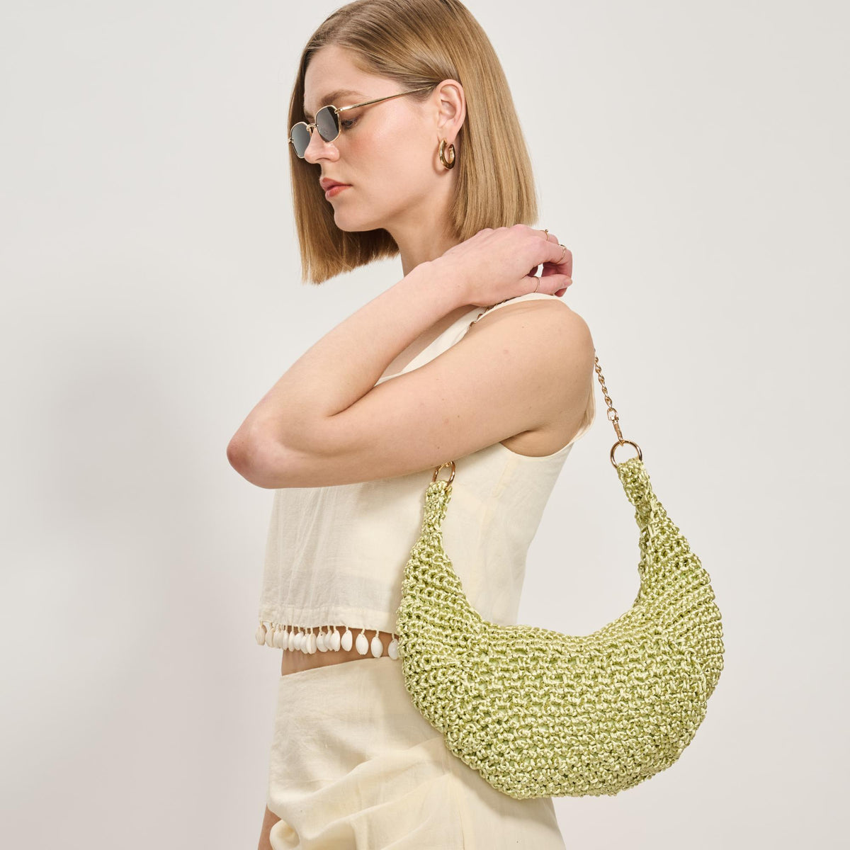 Woman wearing Sage Moda Luxe Soraya Shoulder Bag 842017137924 View 1 | Sage