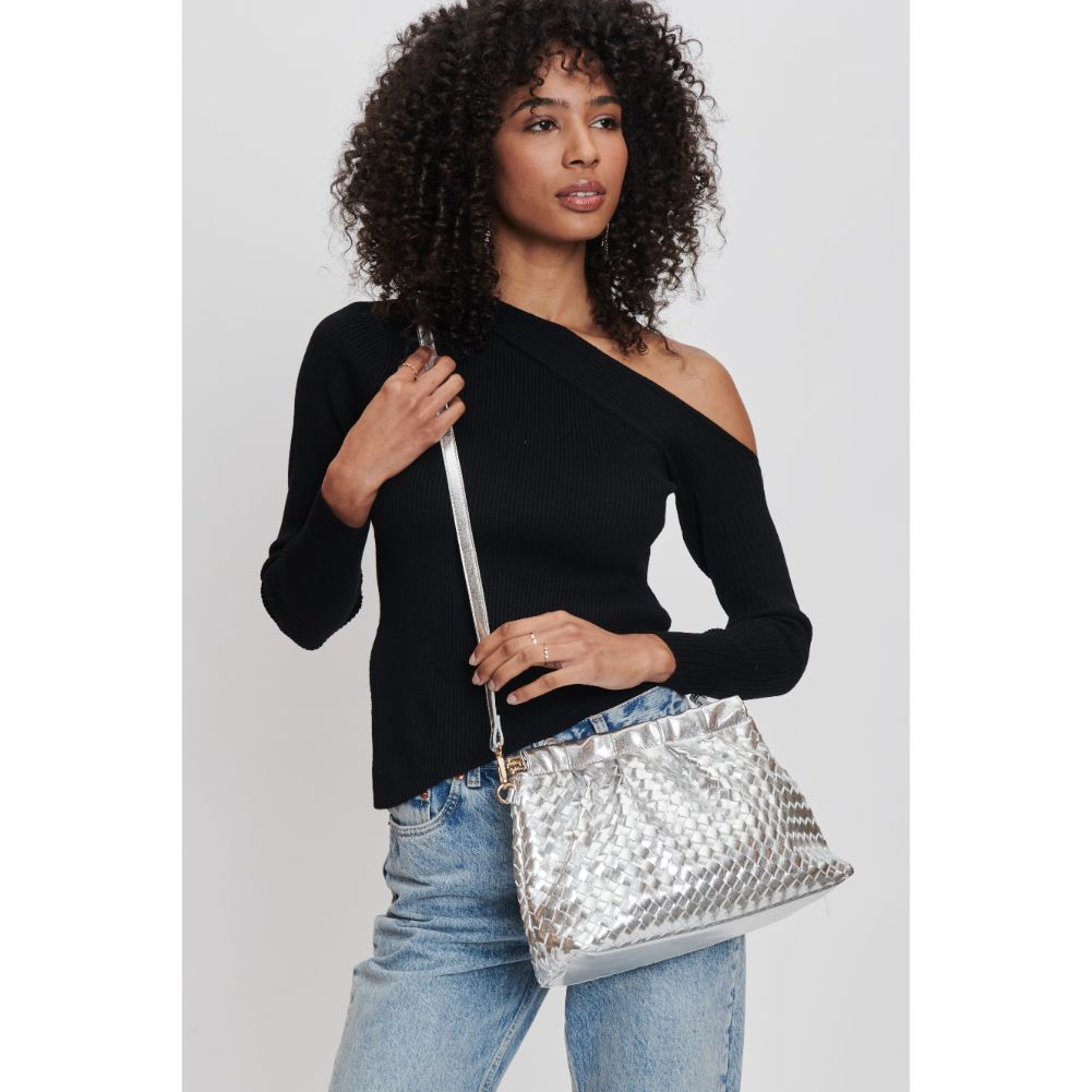 Woman wearing Silver Moda Luxe Katana Crossbody 842017132523 View 1 | Silver