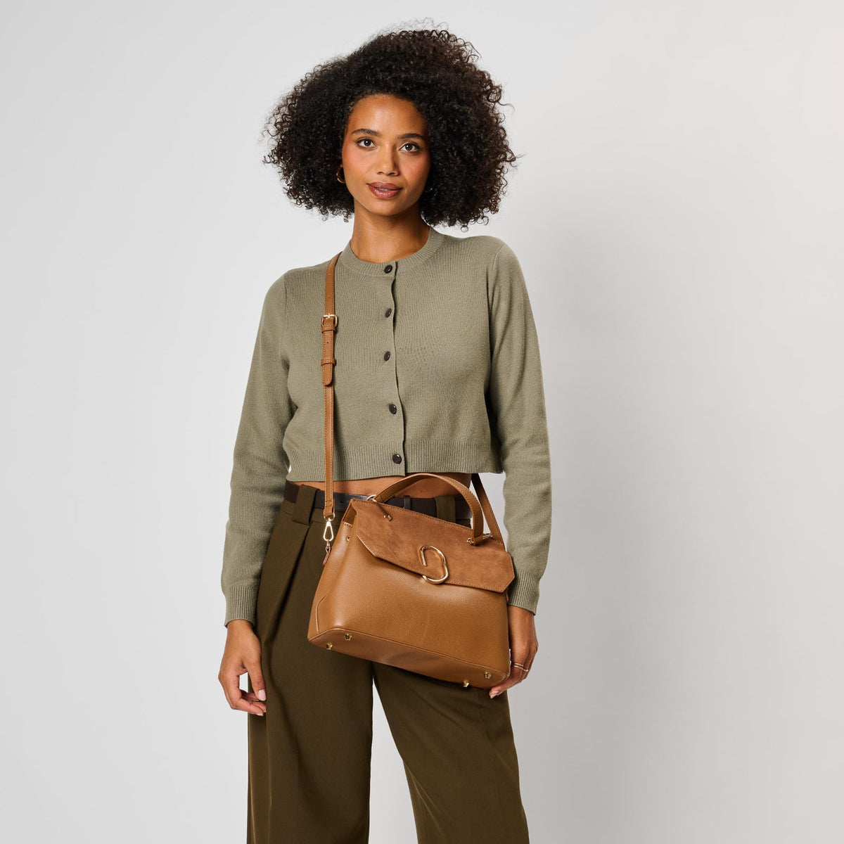 Woman wearing Cognac Moda Luxe Nico Satchel 842017143406 View 3 | Cognac