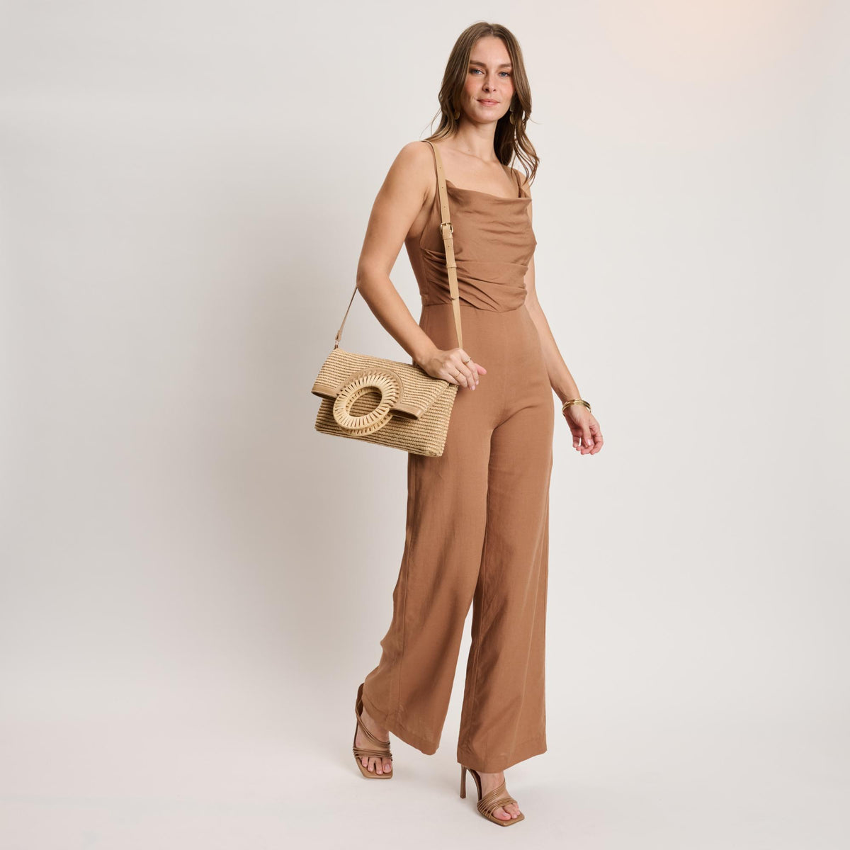 Woman wearing Natural Moda Luxe Tessa Crossbody 842017141204 View 2 | Natural