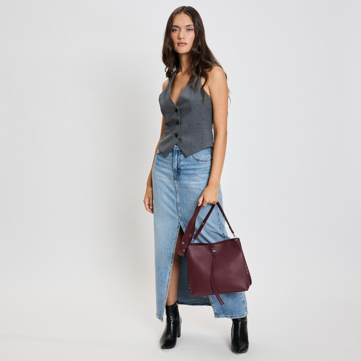 Woman wearing Wine Moda Luxe Eliza Crossbody 842017136040 View 4 | Wine