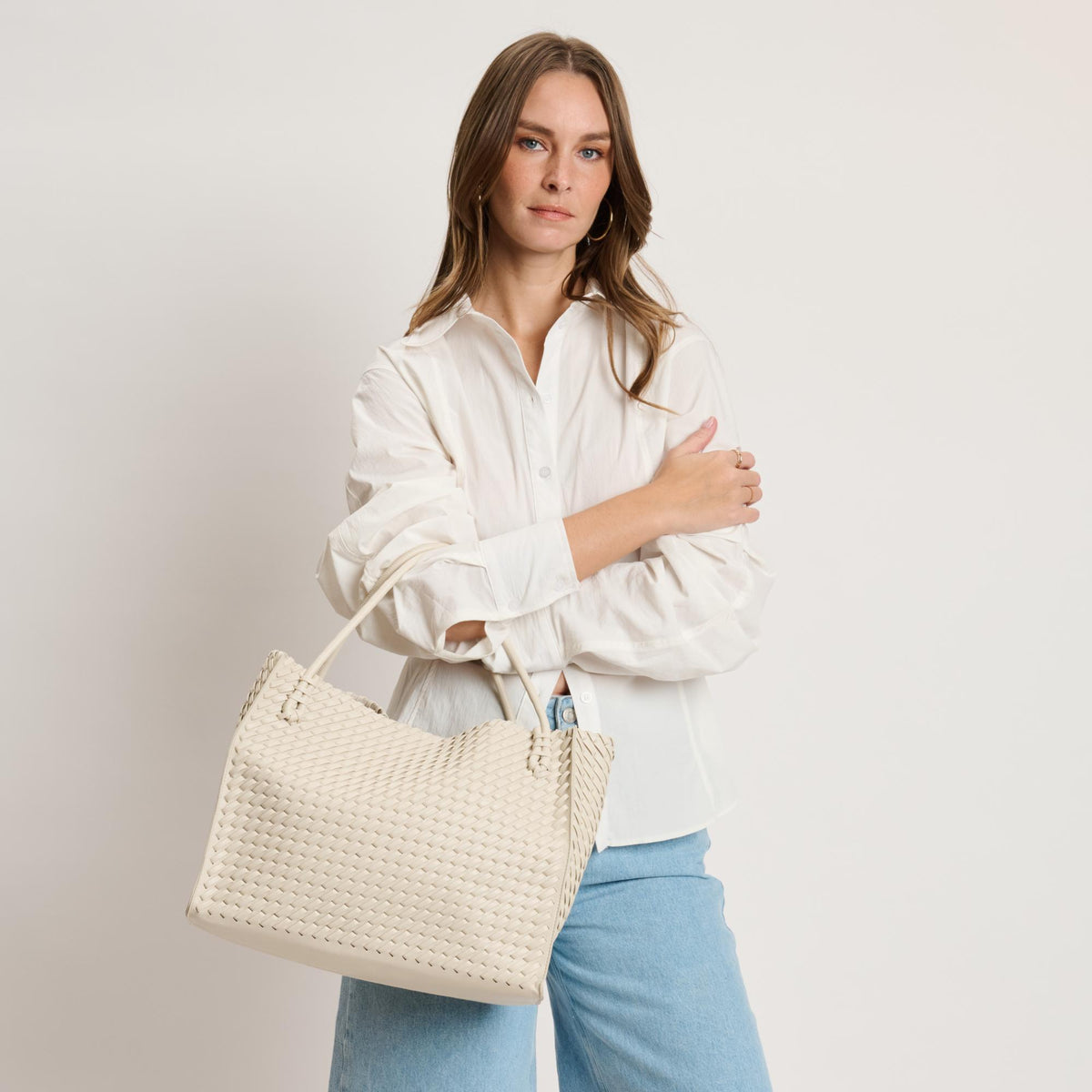 Woman wearing Cream Moda Luxe Jackie Tote 842017140849 View 1 | Cream