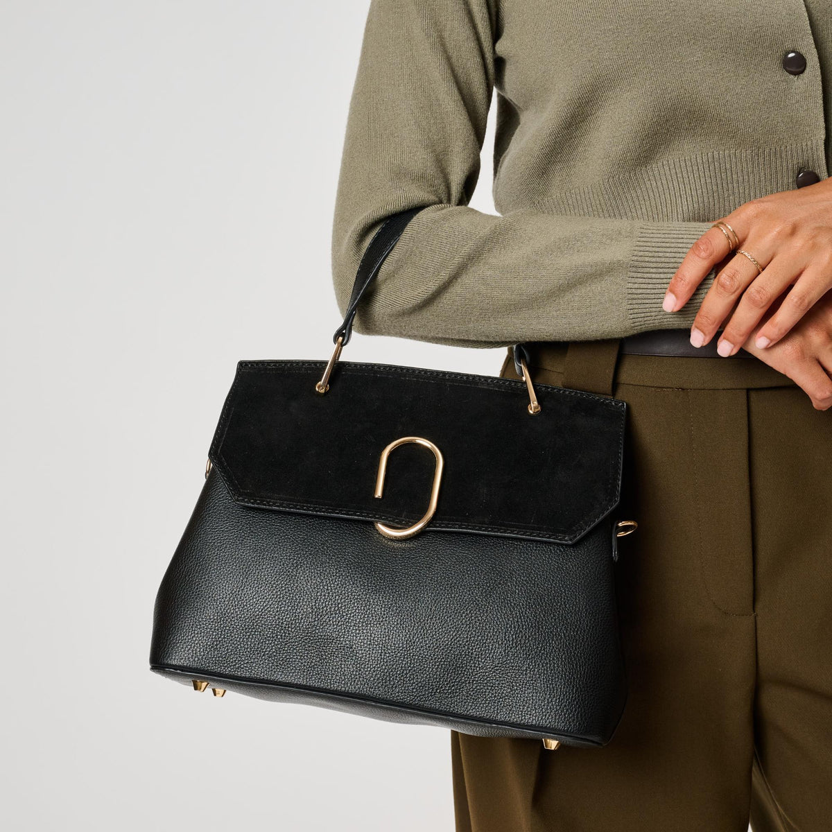 Woman wearing Black Moda Luxe Nico Satchel 842017143390 View 2 | Black