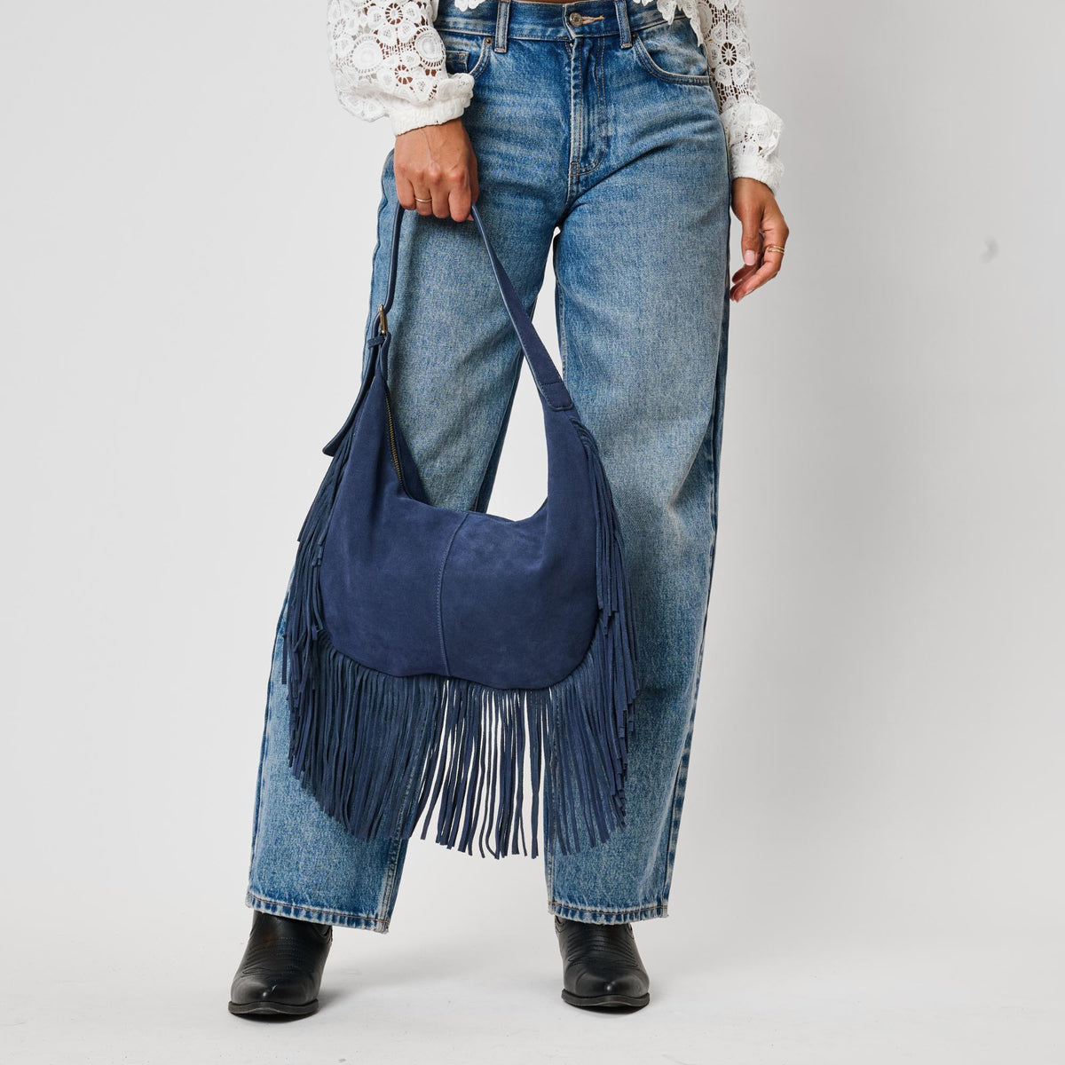 Woman wearing Midnight Moda Luxe Reba Hobo 842017142386 View 3 | Midnight