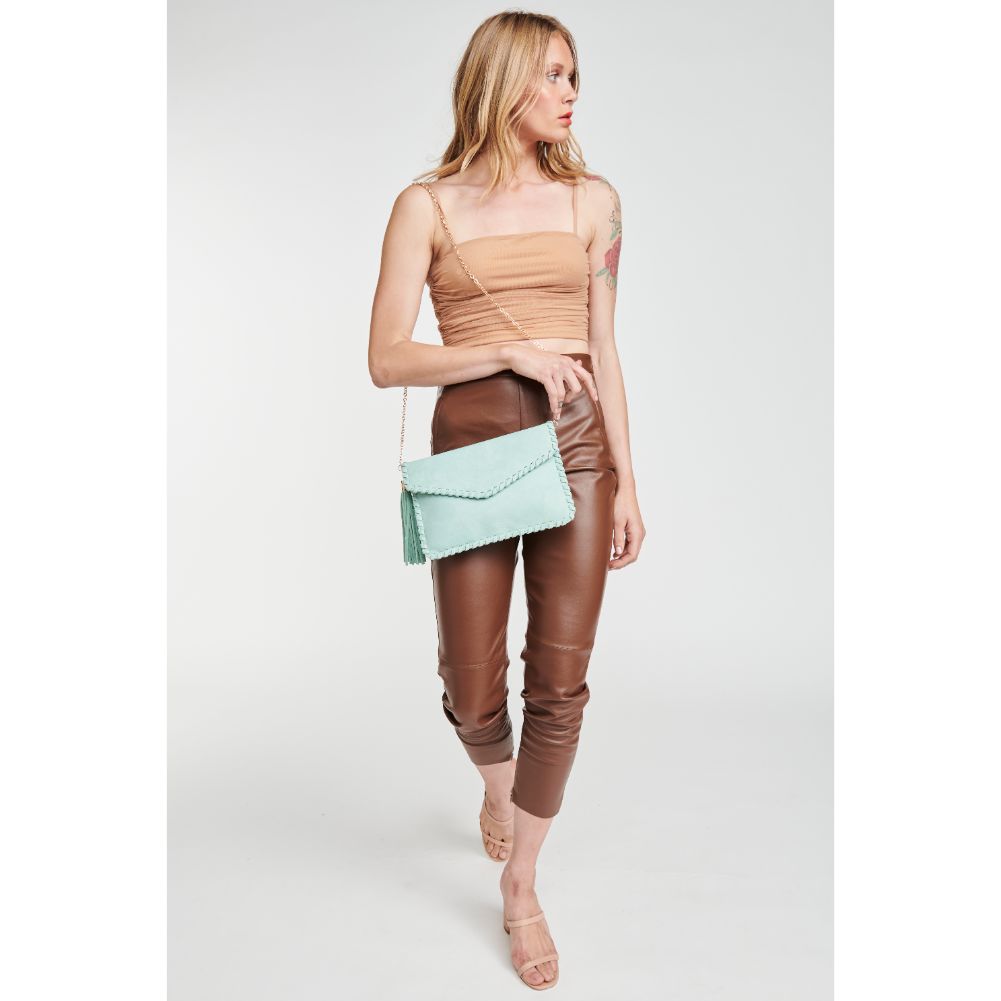 Woman wearing Mint Moda Luxe Posey Clutch 842017104513 View 3 | Mint