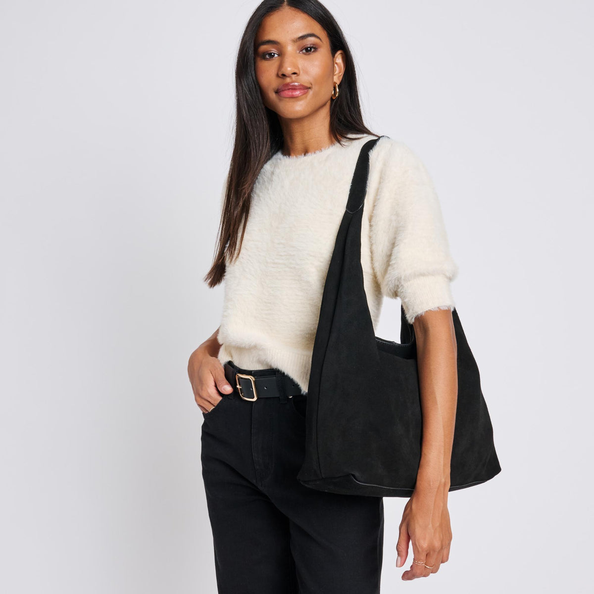 Woman wearing Black Moda Luxe Amber Hobo 842017137030 View 2 | Black