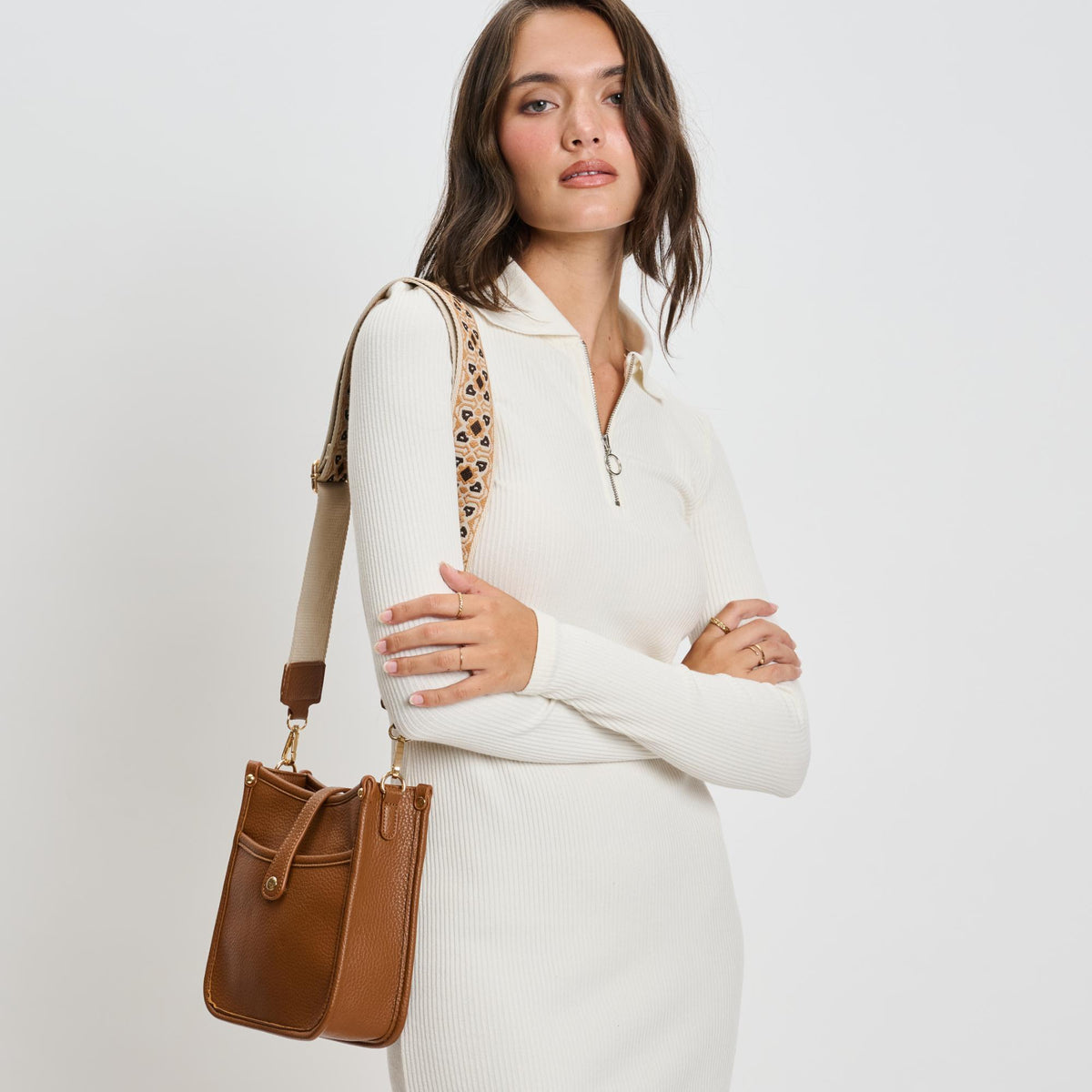 Woman wearing Tan Moda Luxe Ashley Crossbody 842017135999 View 2 | Tan