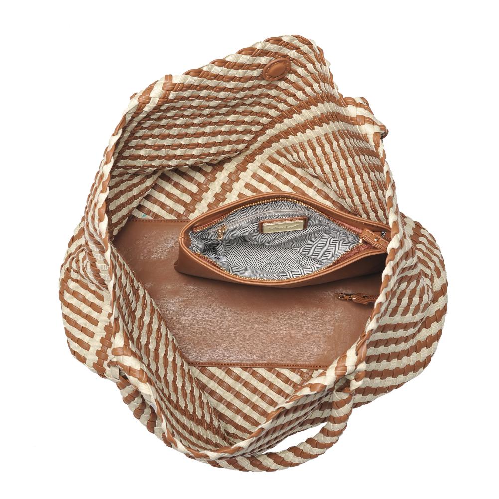 Woman wearing Chocolate Ivory Moda Luxe Solana - Mixed Material Tote 842017135784 View 9 | Chocolate Ivory