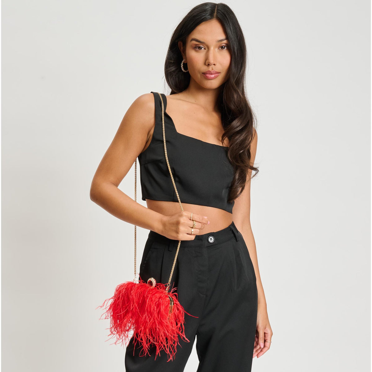 Woman wearing Red Sol and Selene Harlow Evening Bag 842017133919 View 2 | Red