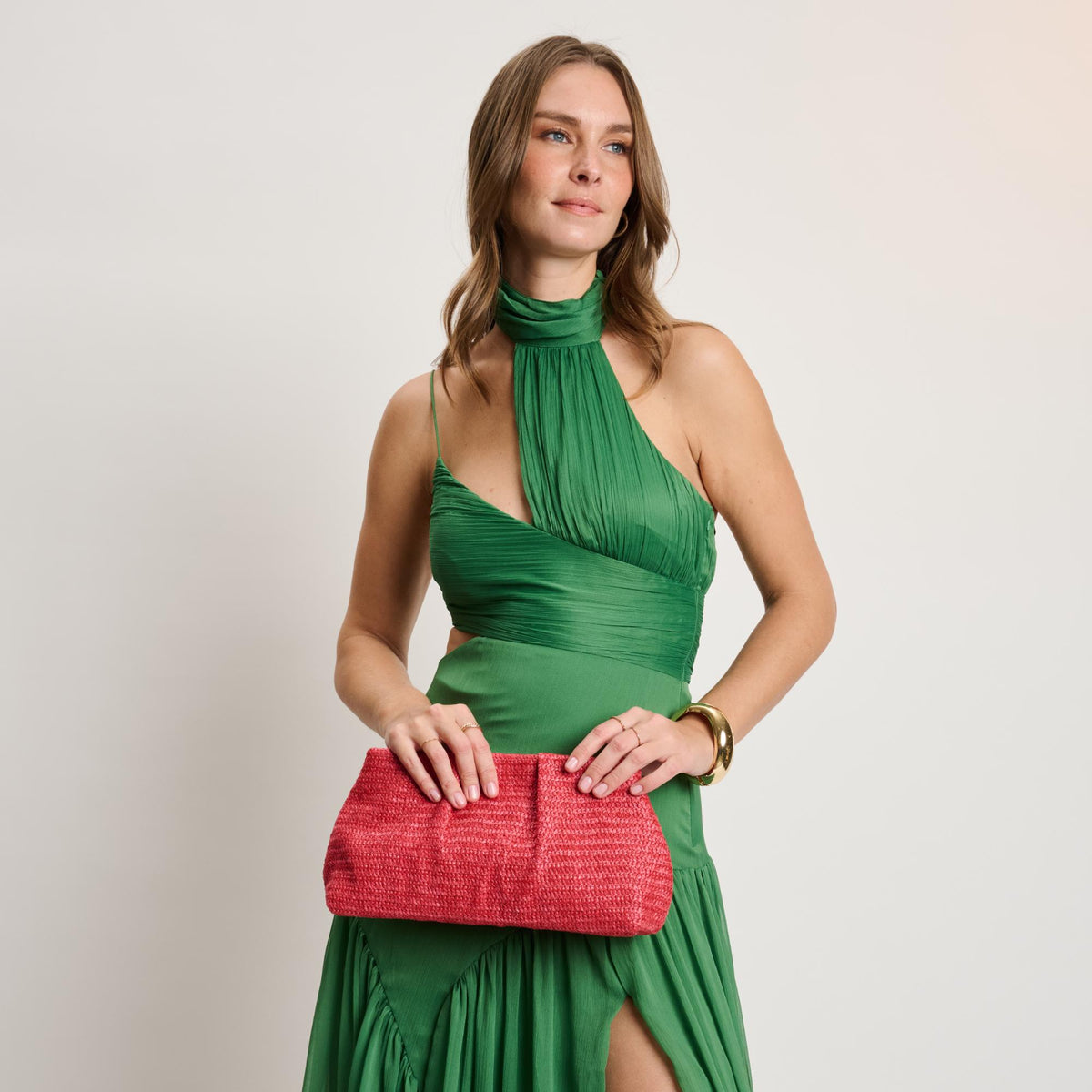 Woman wearing Coral Moda Luxe Breeze Clutch 842017141372 View 3 | Coral